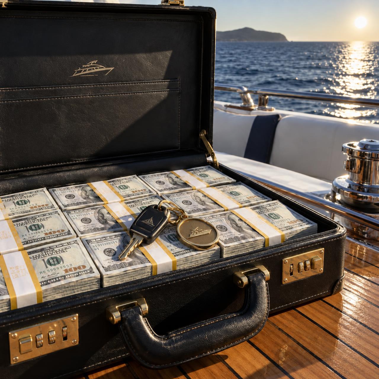 Briefcase of cash on a yacht deck