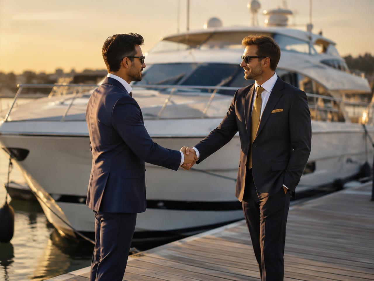 Handshake on the dock in front of a yacht